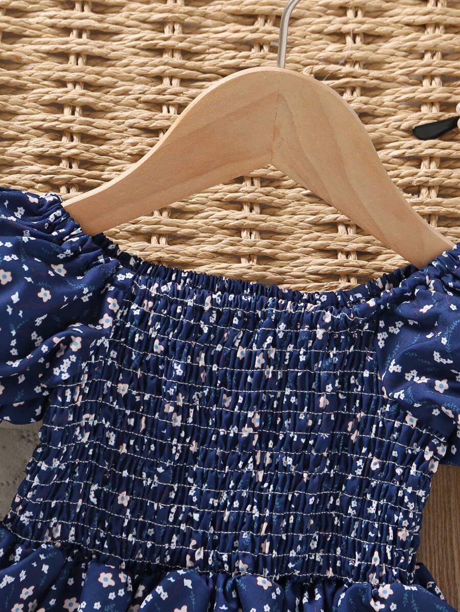 Glamgait Navy Blue Floral Printed Short Sleeve Midi Baby Dress
