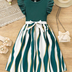 Girls Green & White Party Dress with Bow | Kids Stylish Frock