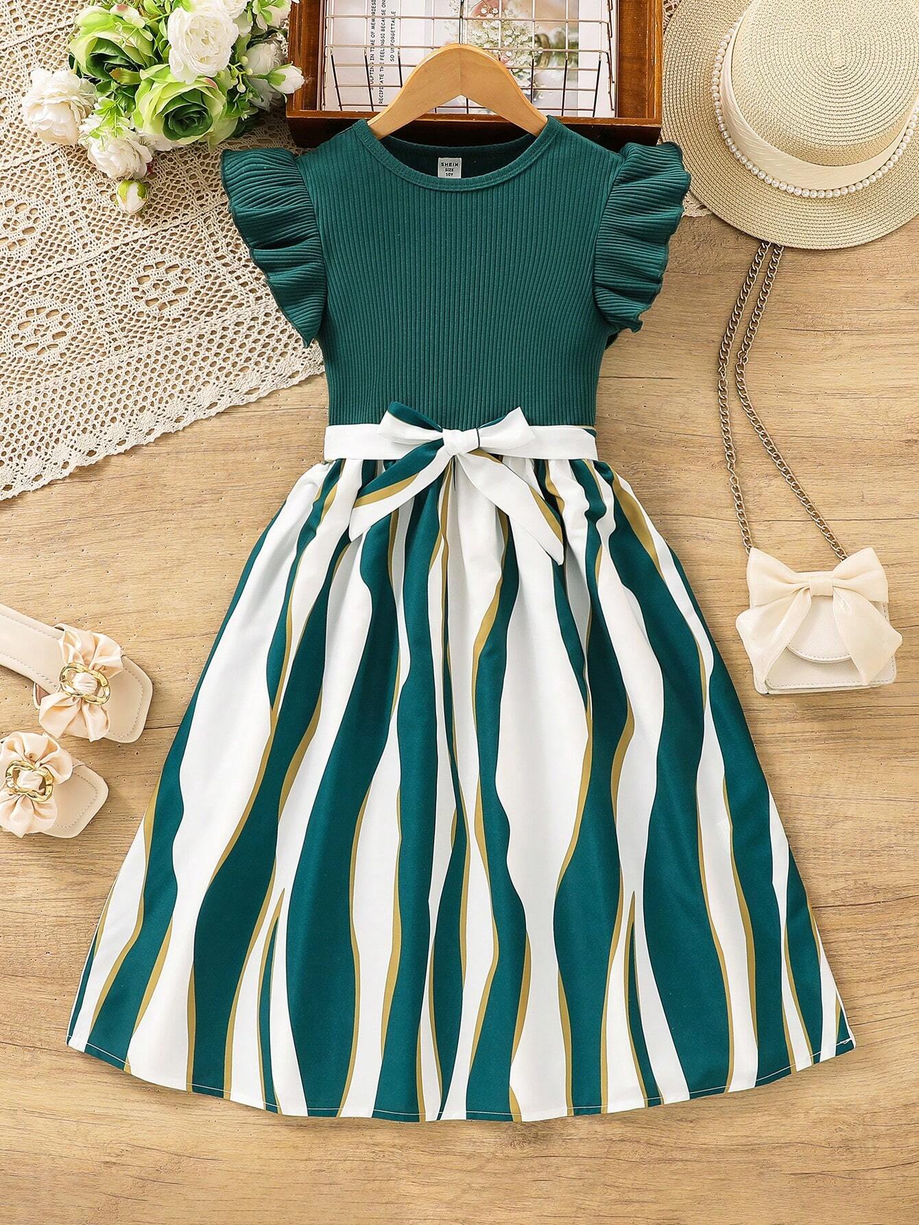 Girls Green Ribbed Top & Striped Flared Midi Dress with Bow Belt