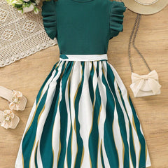 Girls Green & White Party Dress with Bow | Kids Stylish Frock