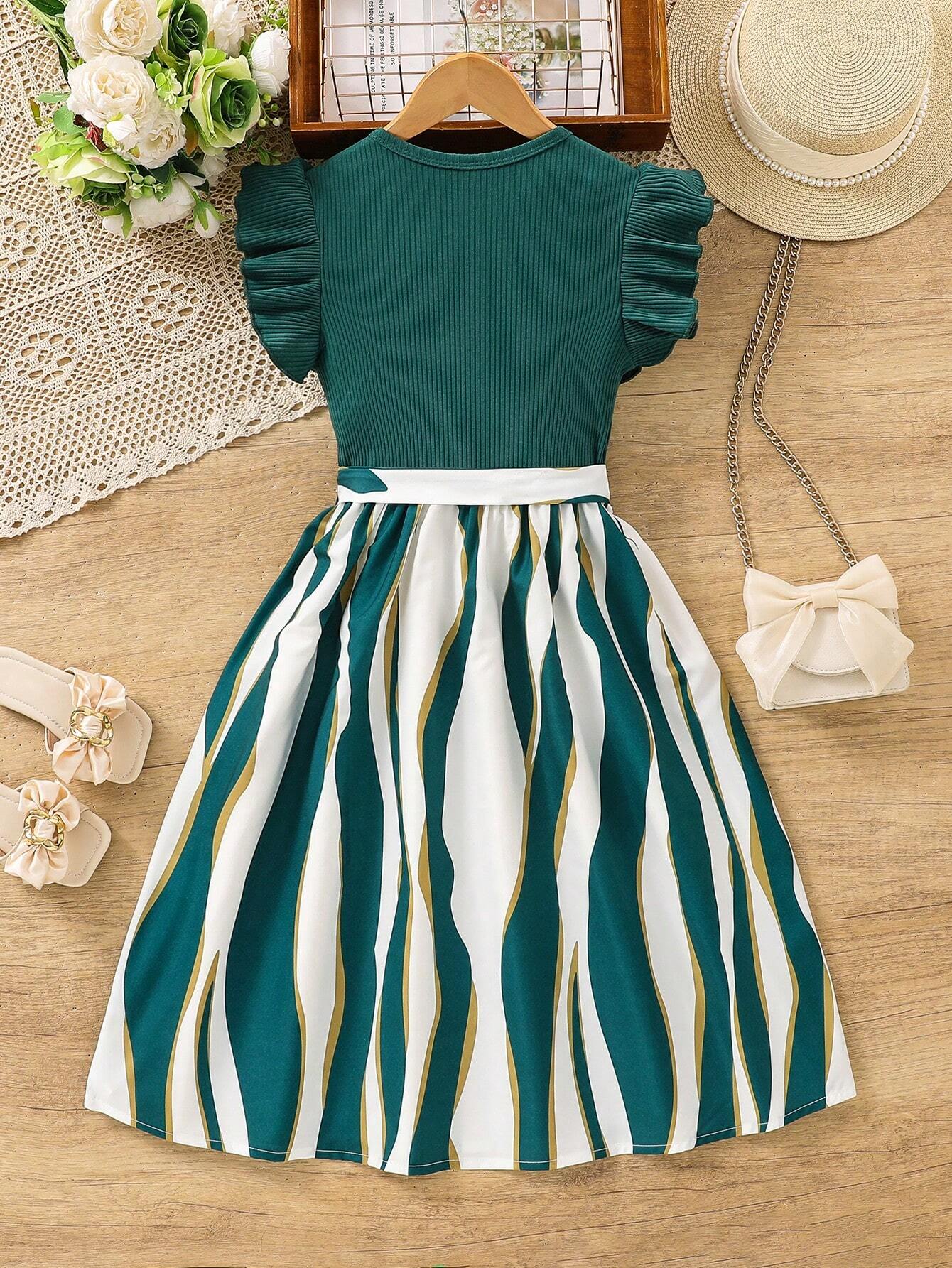Girls Green Ribbed Top & Striped Flared Midi Dress with Bow Belt
