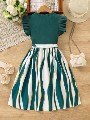 Girls Green Ribbed Top & Striped Flared Midi Dress with Bow Belt