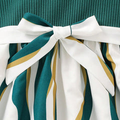 Girls Green & White Party Dress with Bow | Kids Stylish Frock