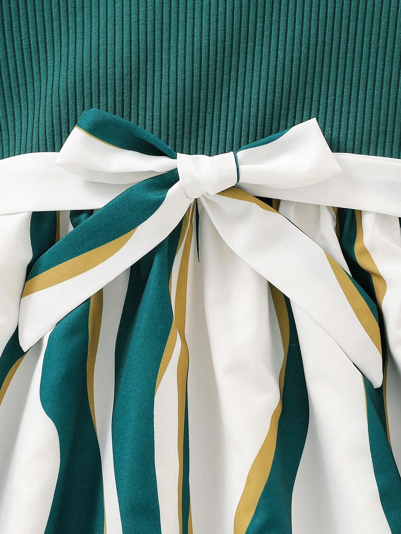 Girls Green & White Party Dress with Bow | Kids Stylish Frock