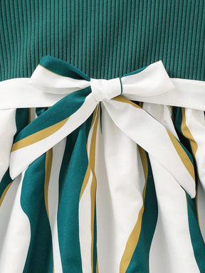 Girls Green & White Party Dress with Bow | Kids Stylish Frock