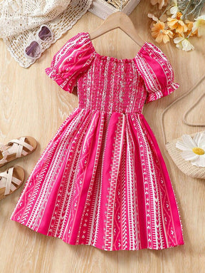 Glamgait Pink Color Printed Short Sleeve Midi Kids Dress