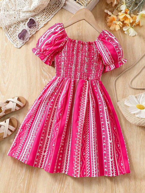 Glamgait Pink Color Printed Short Sleeve Midi Kids Dress