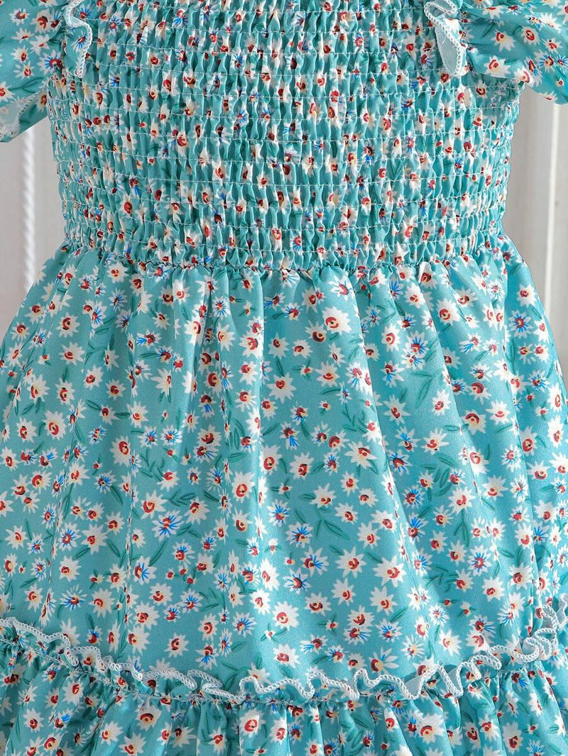Glamgait Rama Color Floral Printed Flared Sleeve Girls Dress
