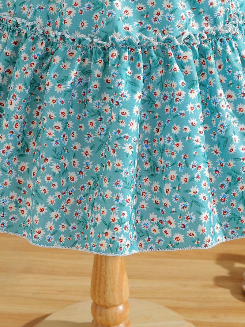 Glamgait Rama Color Floral Printed Flared Sleeve Girls Dress
