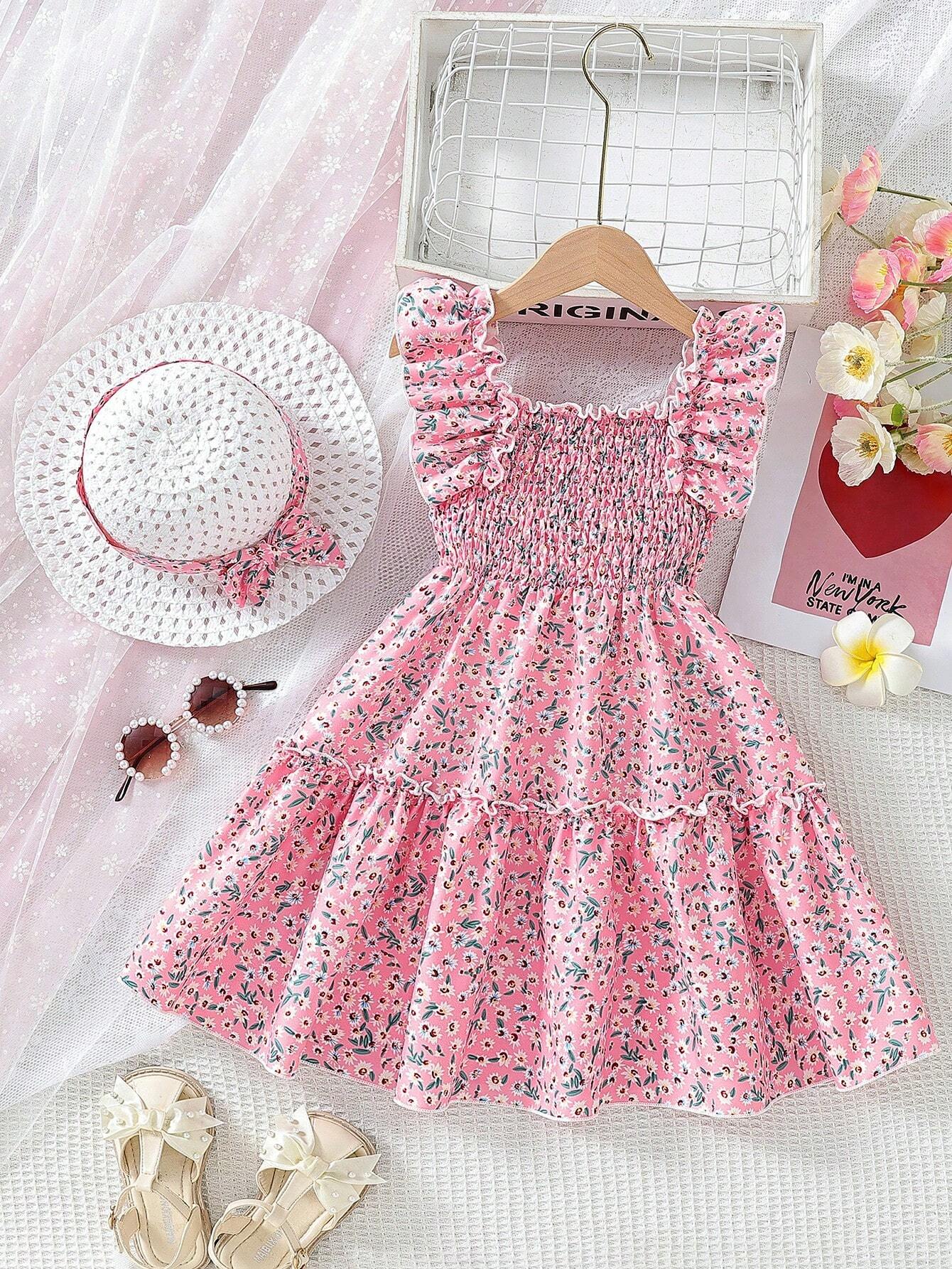 Glamgait Pink Color Floral Printed Flared Sleeve Kids Baby Dress