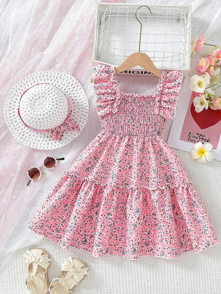 Glamgait Pink Color Floral Printed Flared Sleeve Kids Baby Dress