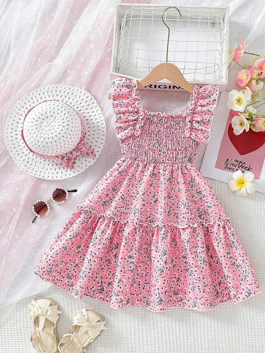 Glamgait Pink Color Floral Printed Flared Sleeve Kids Baby Dress