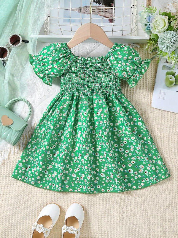 Glamgait Green Color Flower Printed Short Sleeve Baby Girl Dresses