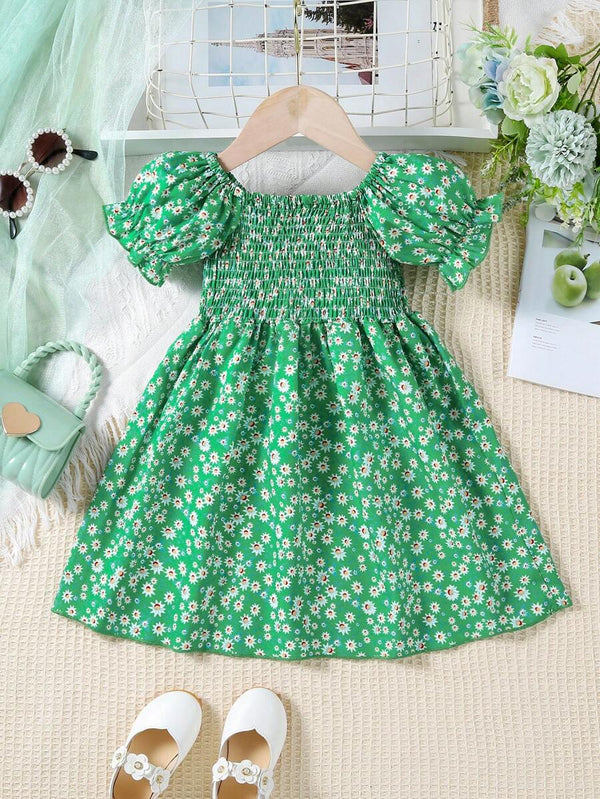 Glamgait Green Color Flower Printed Short Sleeve Baby Girl Dresses