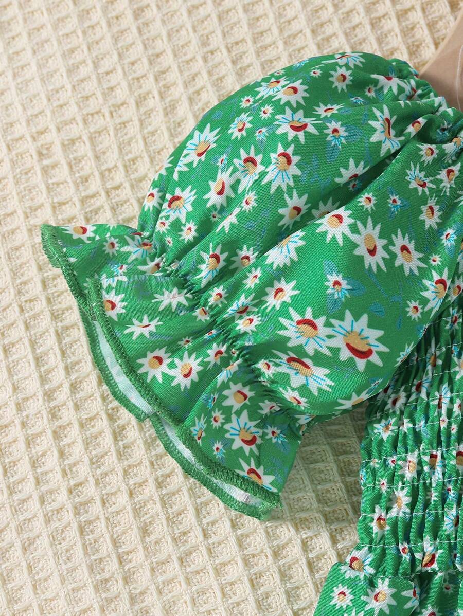 Glamgait Green Color Flower Printed Short Sleeve Baby Girl Dresses