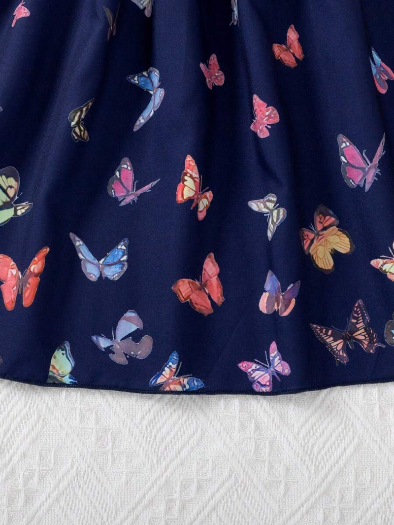 Glamgait Navy Butterfly Printed Short Sleeve Midi Baby Girls Dress