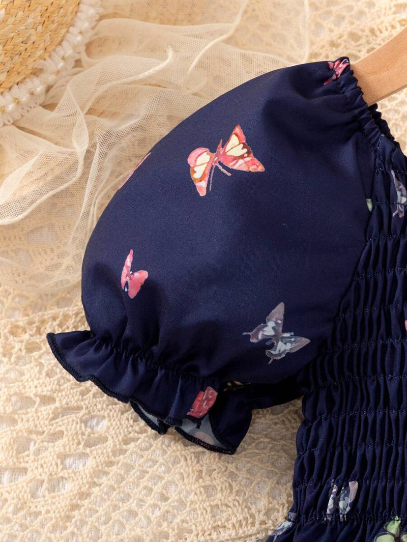 Glamgait Navy Butterfly Printed Short Sleeve Midi Baby Girls Dress