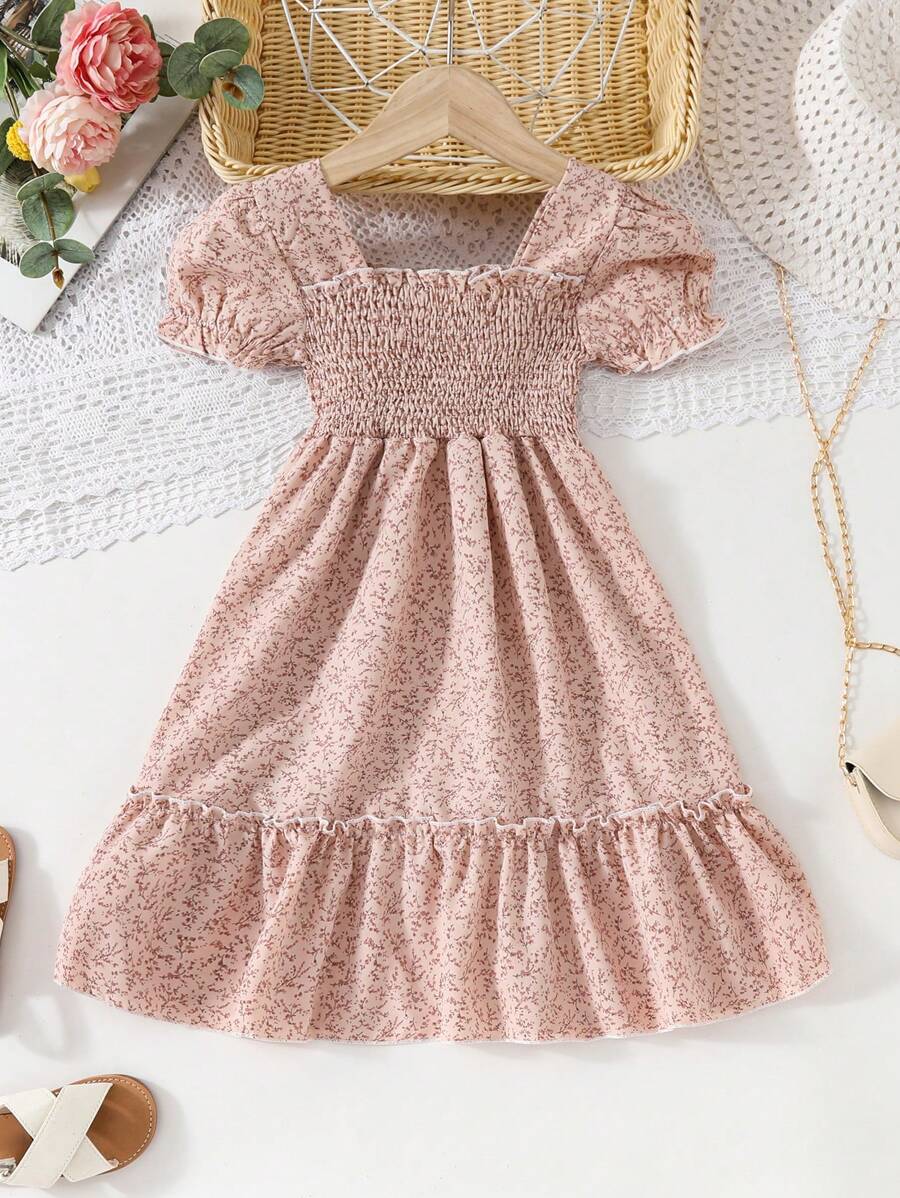 Glamgait Cream Color Floral Printed Short Sleeve A-Line Girls Dress