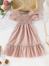 Glamgait Cream Color Floral Printed Short Sleeve A-Line Girls Dress
