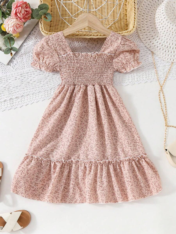 Glamgait Cream Color Floral Printed Short Sleeve A-Line Girls Dress