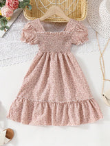 Glamgait Cream Color Floral Printed Short Sleeve A-Line Girls Dress
