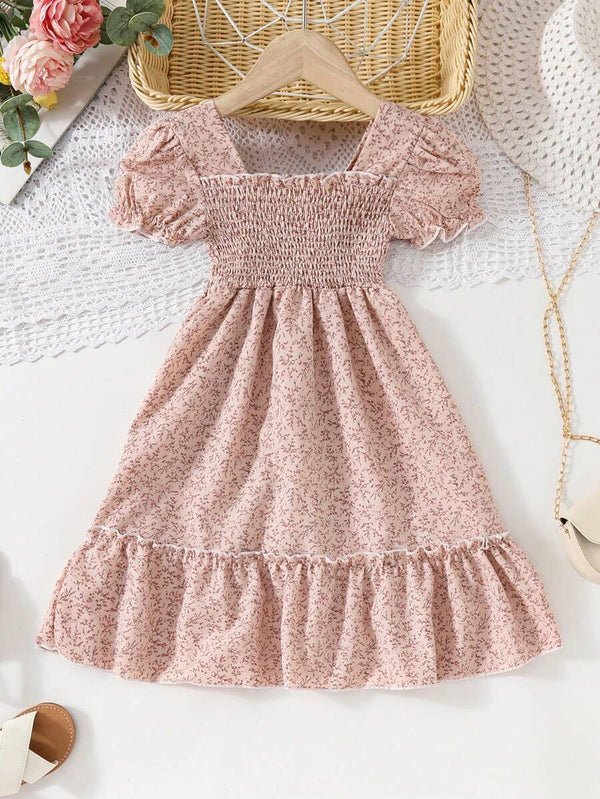 Glamgait Cream Color Floral Printed Short Sleeve A-Line Girls Dress