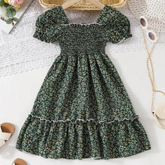 Glamgait  Mehndi Green Floral Printed Short Sleeve A-Line Baby Dress