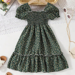 Glamgait  Mehndi Green Floral Printed Short Sleeve A-Line Baby Dress