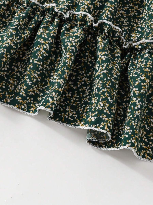 Glamgait  Mehndi Green Floral Printed Short Sleeve A-Line Baby Dress