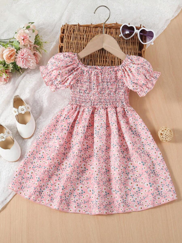 Glamgait Pink Color Flower Printed Short Sleeve Midi Girls Dress
