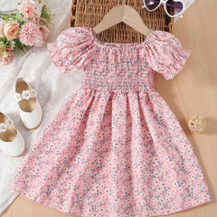 Glamgait Pink Flower Printed Short Sleeve Kids Dress