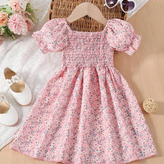 Glamgait Pink Flower Printed Short Sleeve Kids Dress