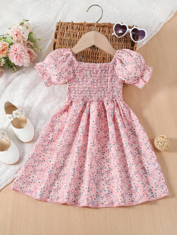 Glamgait Pink Flower Printed Short Sleeve Kids Dress
