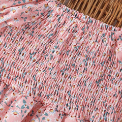 Glamgait Pink Color Flower Printed Short Sleeve Midi Girls Dress