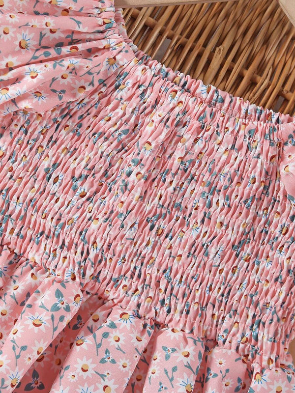 Glamgait Pink Color Flower Printed Short Sleeve Midi Girls Dress
