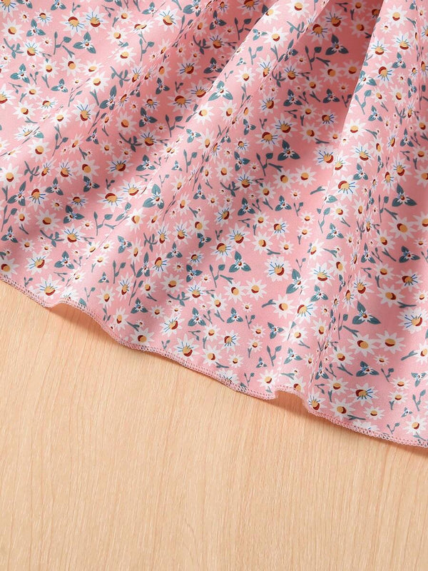 Glamgait Pink Color Flower Printed Short Sleeve Midi Girls Dress