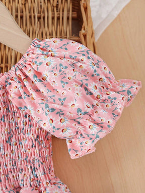 Glamgait Pink Color Flower Printed Short Sleeve Midi Girls Dress