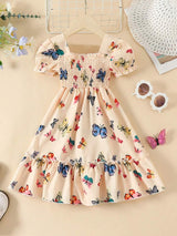 Glamgait Cream Color Butterfly Printed Short Sleeve Kids Dress