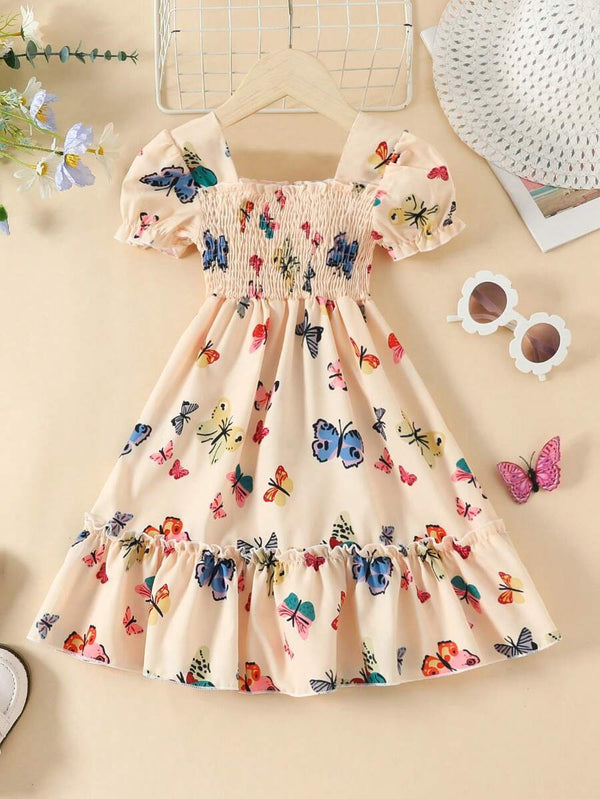 Glamgait Cream Color Butterfly Printed Short Sleeve Kids Dress