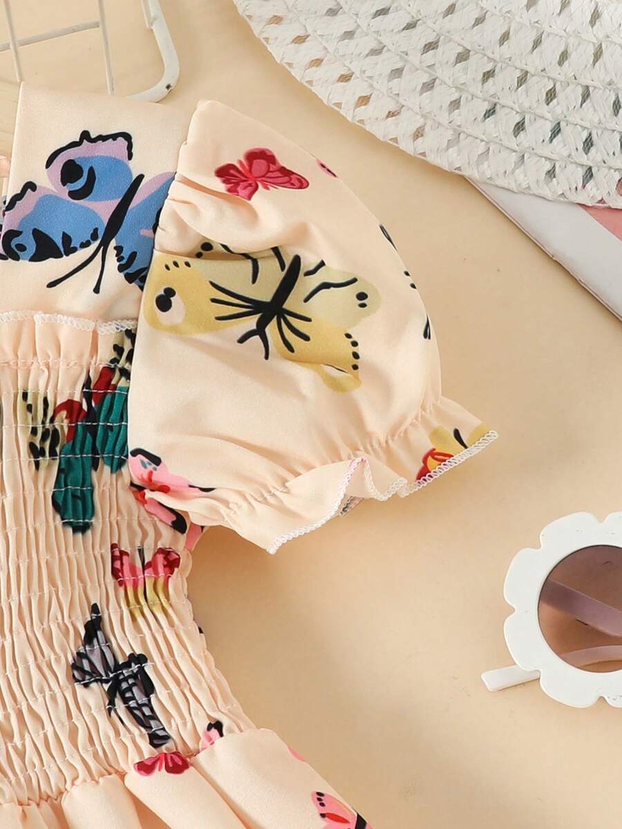 Glamgait Cream Color Butterfly Printed Short Sleeve Kids Dress