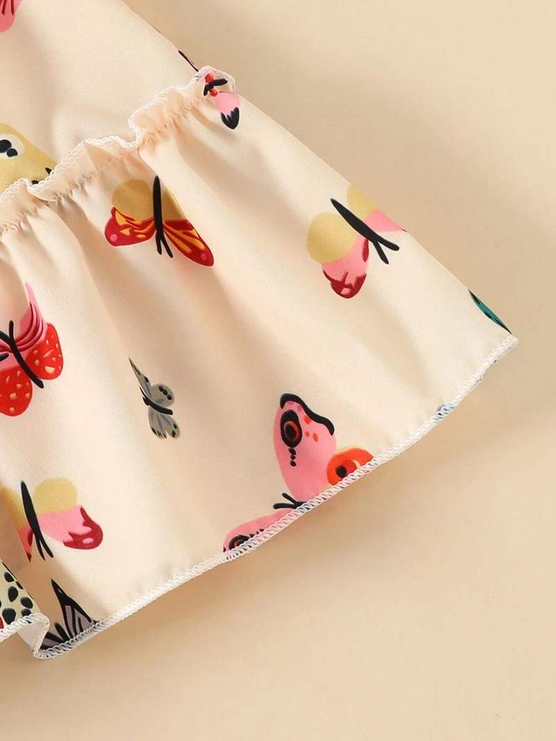 Glamgait Cream Color Butterfly Printed Short Sleeve Kids Dress