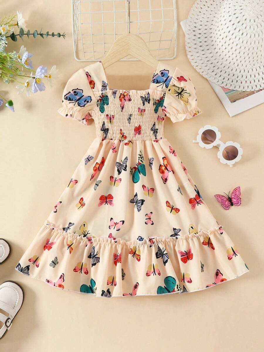 Glamgait Cream Color Butterfly Printed Short Sleeve Kids Dress