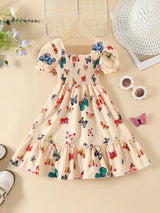 Glamgait Cream Color Butterfly Printed Short Sleeve Kids Dress
