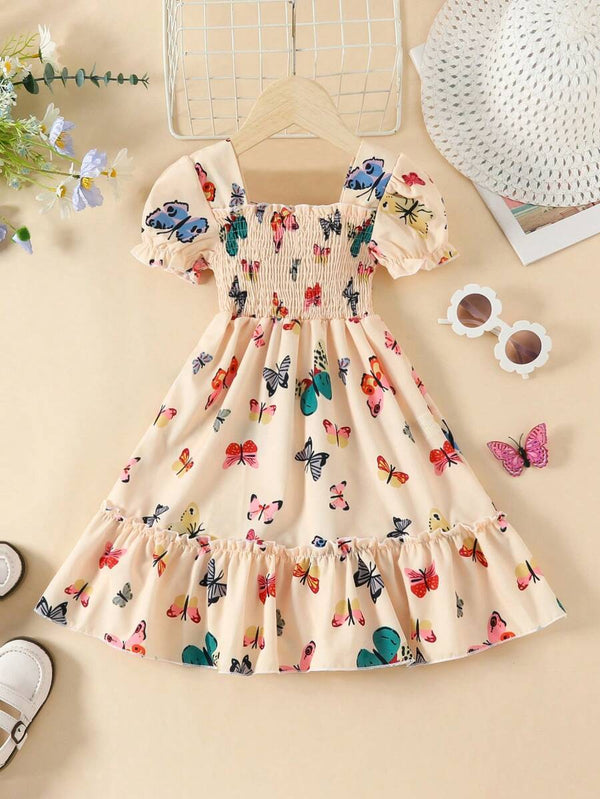 Glamgait Cream Color Butterfly Printed Short Sleeve Kids Dress