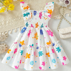 Girls White Floral Print Ruffle Sleeve Party Dress