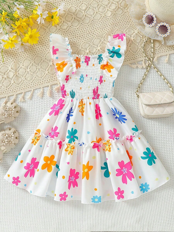 Glamgait White Color Floral Printed Flared Sleeve Kids Baby Frock