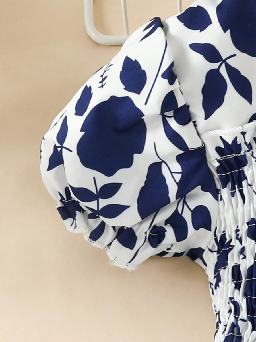 Glamgait Navy Blue Floral Printed Short Sleeve Midi Kids Dress