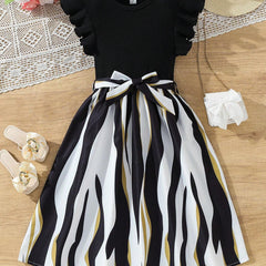 Girls Black Ruffle Sleeve Top with Striped Skirt