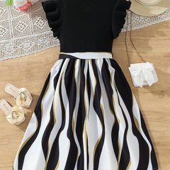 Girls Black Ruffle Sleeve Top with Striped Skirt