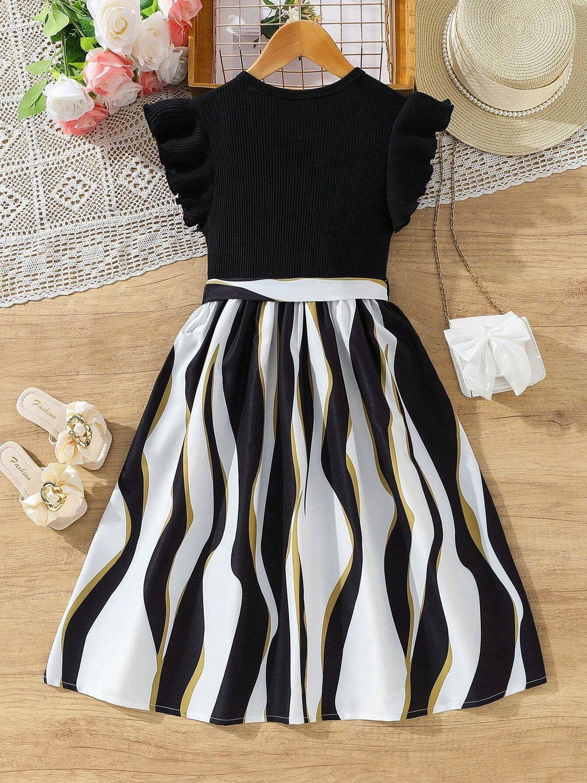 Girls Black Ruffle Sleeve Top with Striped Skirt